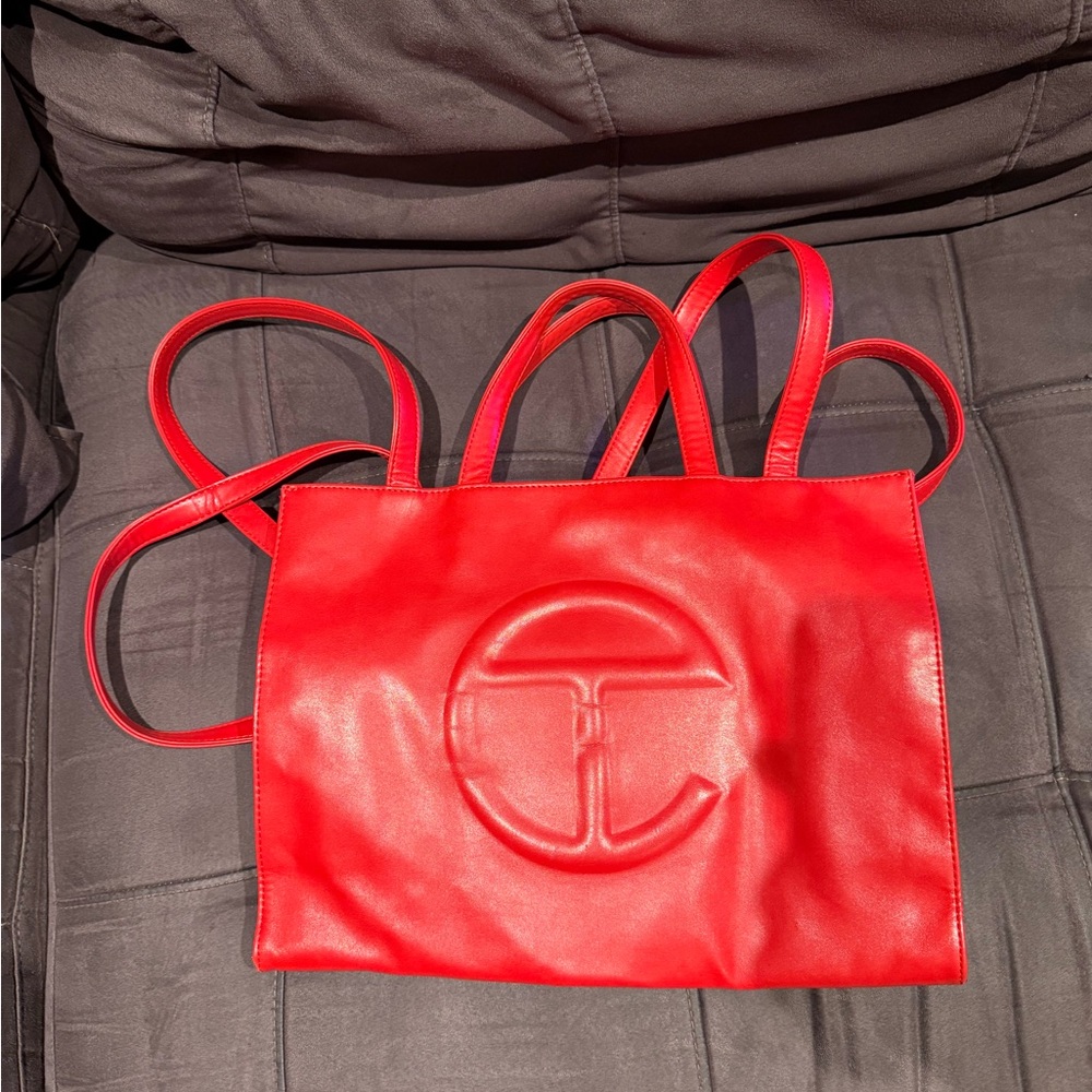 Medium Telfar Red Tote with Embossed Logo and Long Handles